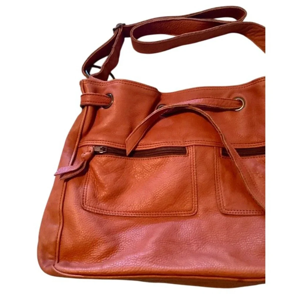 Women's Vintage Genuine Leather Orange Brown Bag Shoulder Purse Zippers Pockets